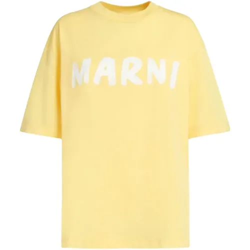 Gelbe Logo Print T-shirts und Polos,Baumwoll-T-Shirt mit Logo - Marni - Modalova