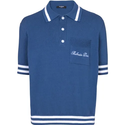 Besticktes Balain Signature Poloshirt aus Bauwolle und Leinen - Balmain - Modalova