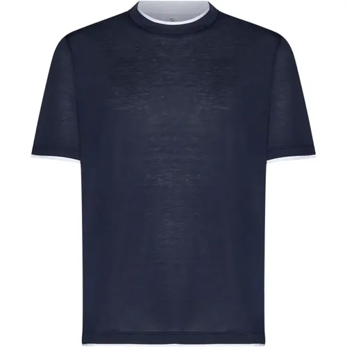 Blaue Schicht Seiden-Baumwoll T-shirts Polos , Herren, Größe: M - BRUNELLO CUCINELLI - Modalova