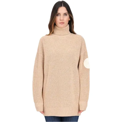 Beiger Pullover mit hohem Kragen und Logo-Patch , Damen, Größe: M - Elisabetta Franchi - Modalova