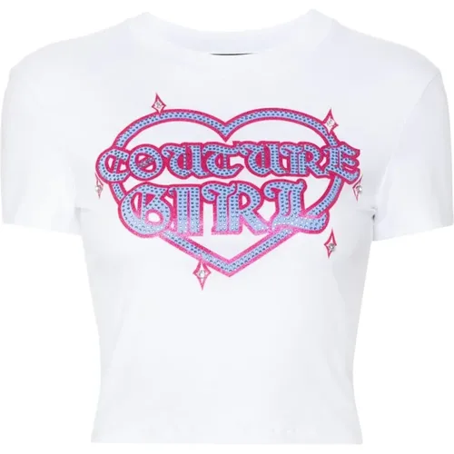 Logo Print T-shirt Crystal Embellishment , female, Sizes: L, M - Versace Jeans Couture - Modalova