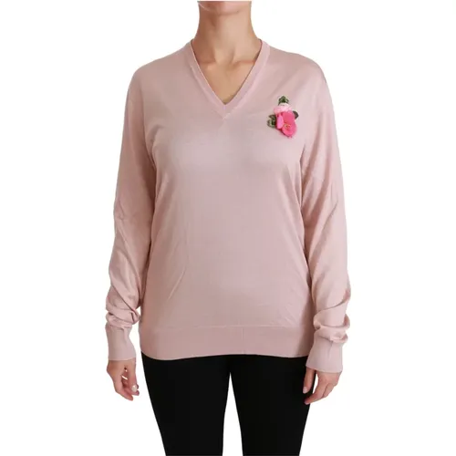 Floral Silk V-Neck Sweater , Damen, Größe: L - Dolce & Gabbana - Modalova