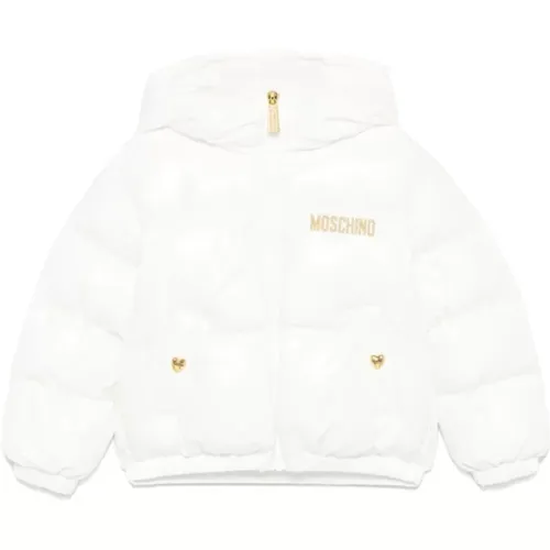 Kurze weiße Kapuzenjacke mit goldbesticktem Logo - Moschino - Modalova