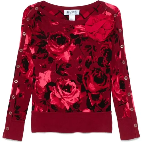 Roter Crewneck-Pullover mit Blumenmuster , Damen, Größe: S - Blugirl - Modalova