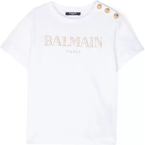 Weißes T-Shirt mit goldenen Details - Balmain - Modalova