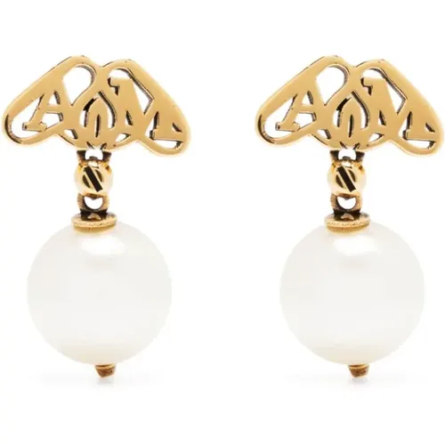 Goldene Bijoux Ohrringe mit weißem Perlenanhänger,Goldene Seal Logo Perlenohrringe - alexander mcqueen - Modalova
