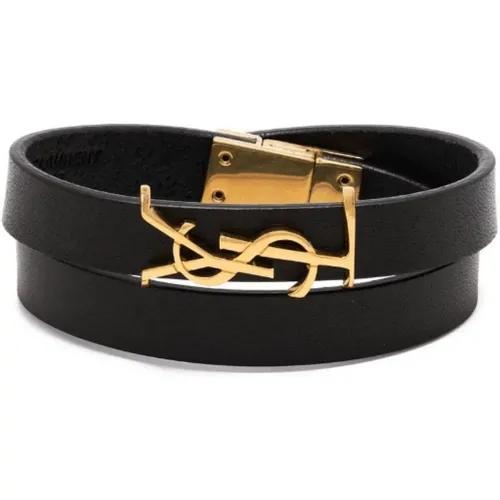 Schwarzes und Goldenes Logo-Plaque Lederarmband - Saint Laurent - Modalova