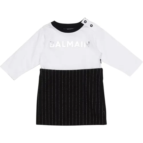 Gestreiftes Logo-Kleid Weiß Schwarz - Balmain - Modalova