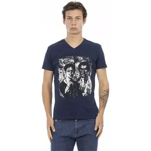 Stilvolles V-Ausschnitt T-Shirt in Blau , Herren, Größe: 2XL - Trussardi - Modalova