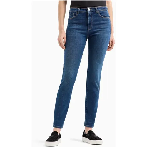 Schmale Dunkelblaue Jeans mit Kontrastnähten , Damen, Größe: W29 - Emporio Armani - Modalova