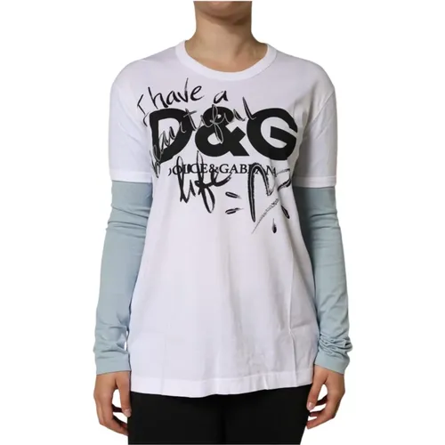 Weißes Logo-Print Baumwoll-T-Shirt , Damen, Größe: L - Dolce & Gabbana - Modalova