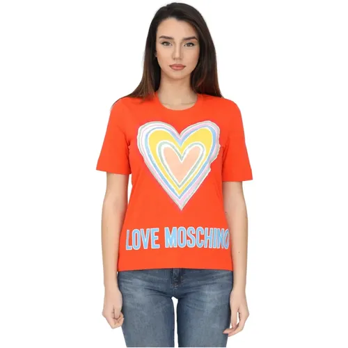 MaxI Logo Heart Print T-Shirt , female, Sizes: L, S - Love Moschino - Modalova