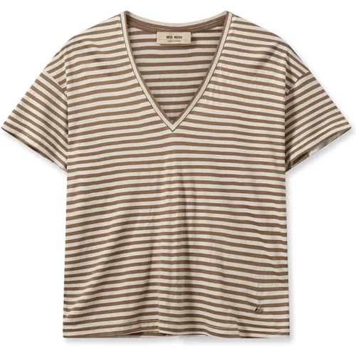 Gestreiftes V-Ausschnitt T-Shirt mit Kurzen Ärmeln , Damen, Größe: L - MOS MOSH - Modalova