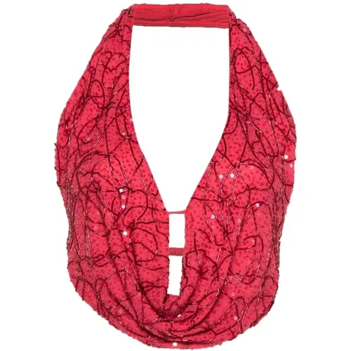 Korallrosa Seidenkleid mit Perlen- und Paillettenverzierung - Cult Gaia - Modalova