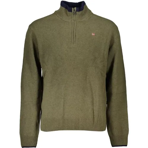 Grüner Pullover mit Halbem Reißverschluss und Stickereidetails , Herren, Größe: XL - Napapijri - Modalova