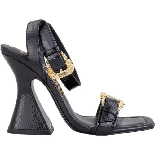Schwarze Sandalen mit eckiger Spitze und goldenen Schnallen , Damen, Größe: 37 EU - Versace Jeans Couture - Modalova