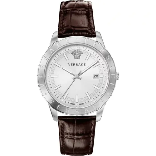 Elegant Swiss Made Leather Strap Watch , male, Sizes: ONE SIZE - Versace - Modalova