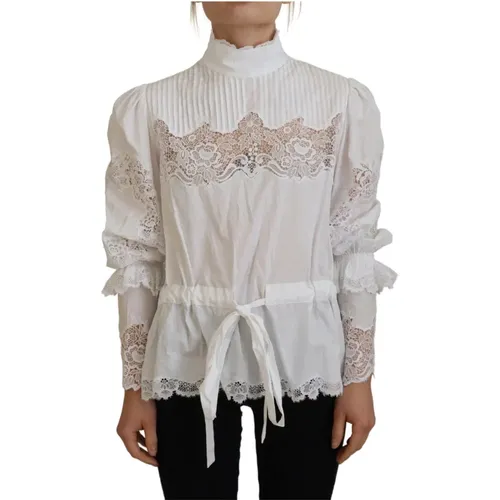 Weiße Baumwollbluse mit Spitzenbesatz und Rollkragen - Dolce & Gabbana - Modalova