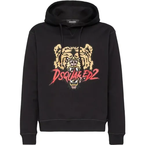 Tiger Logo Hoodie Schwarz Baumwolle , Herren, Größe: S - Dsquared2 - Modalova