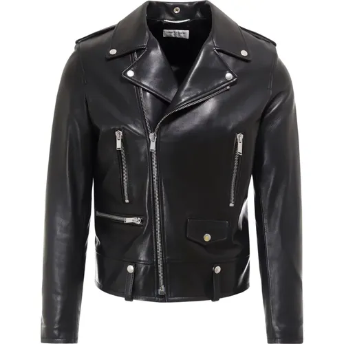 Leather Asymmetric Zip Jacket , male, Sizes: L - Saint Laurent - Modalova
