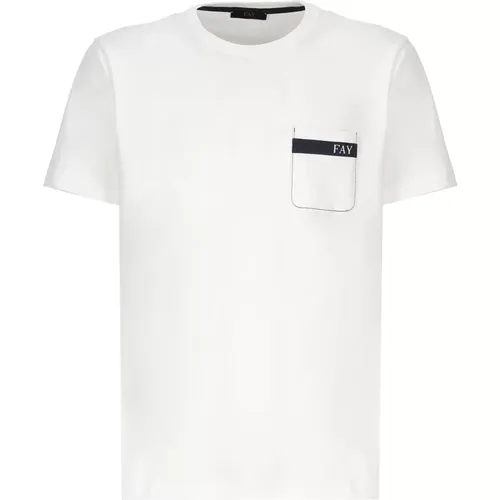 Klassisches Weißes Baumwoll-T-Shirt mit Tasche , Herren, Größe: XL - Fay - Modalova