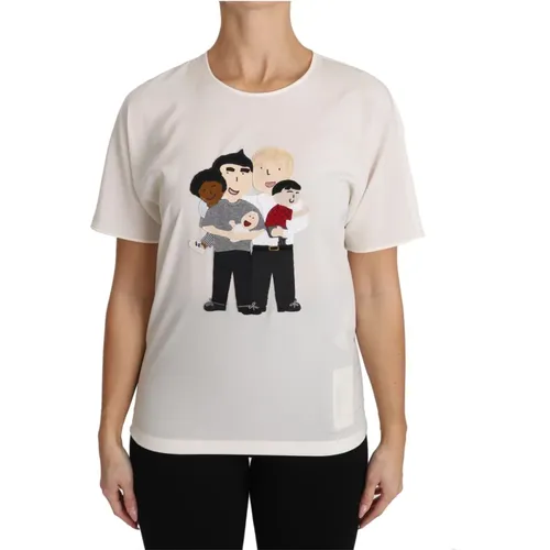 Weiße Seidenstretch dgfamily T-Shirt , Damen, Größe: S - Dolce & Gabbana - Modalova