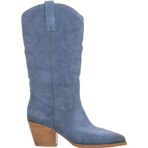 Damen Blaue Veloursleder-Cowboystiefel mit Stickerei Er00113888 - Estro - Modalova