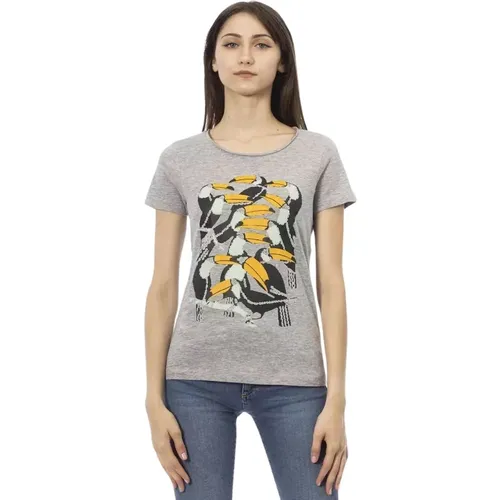 Graues Rundhals-Stilvolles T-Shirt , Damen, Größe: M - Trussardi - Modalova