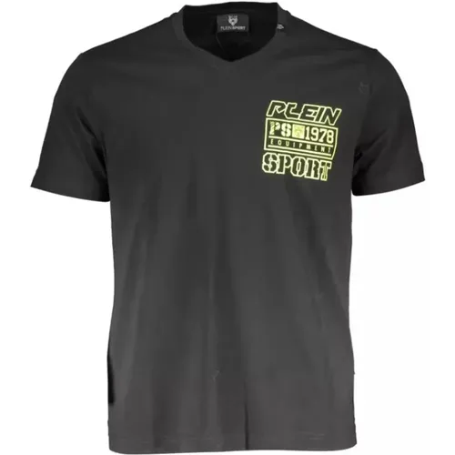 Schwarzes Baumwoll V-Ausschnitt T-Shirt - Plein Sport - Modalova