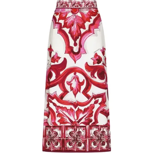 Fuchsia Silk Midi Skirt with Maiolica Print , female, Sizes: S - Dolce & Gabbana - Modalova