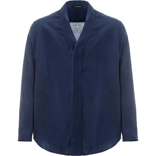 Blaues Leinen Relaxed Fit Jackenhemd , Herren, Größe: M - Emporio Armani - Modalova