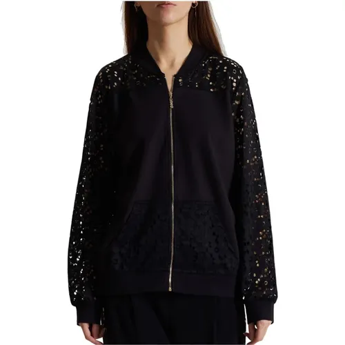 Schwarzer Pullover mit Spitzenverzierung und Reißverschluss , Damen, Größe: S - Liu Jo - Modalova