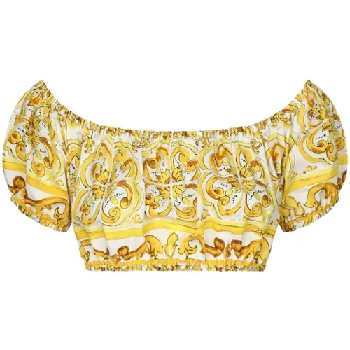 Majolica Print Off-Shoulder Crop Top , Damen, Größe: S - Dolce & Gabbana - Modalova