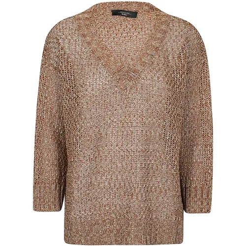 Brauner Leinen V-Ausschnitt Pullover , Damen, Größe: M - Max Mara Weekend - Modalova