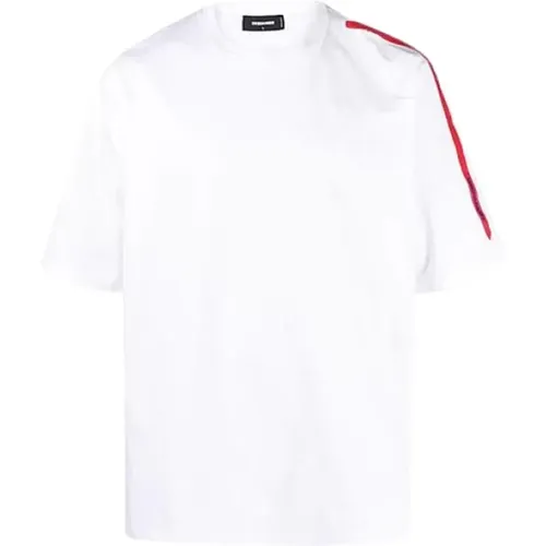 Weißes T-Shirt mit rotem Schulterband , Herren, Größe: L - Dsquared2 - Modalova