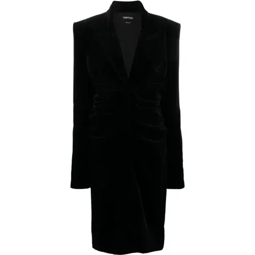 Schwarzes Samt-Midi-Kleid mit gepolsterten Schultern und Reißverschlussärmeln - Tom Ford - Modalova