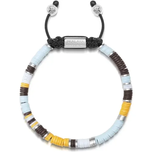 Men's Beaded Bracelet with Blue, Brown, Orange, White, and Silver Disc Beads , male, Sizes: M, L - Nialaya - Modalova