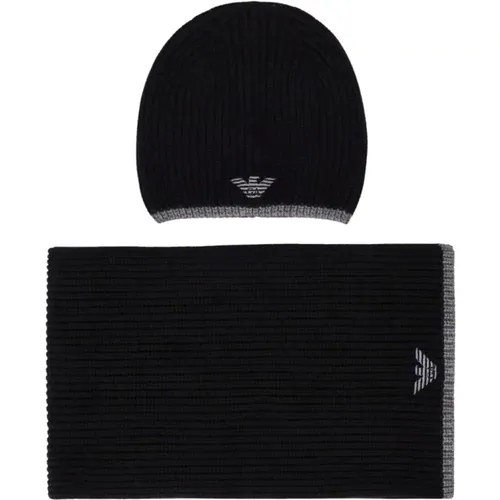 Luxuriöses Schwarz Graues Beanie+Schal Set mit Logo , Herren, Größe: ONE Size - Emporio Armani - Modalova