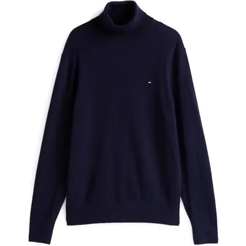 Blauer Baumwoll-Kaschmir Rollkragenpullover , Herren, Größe: M - Tommy Hilfiger - Modalova