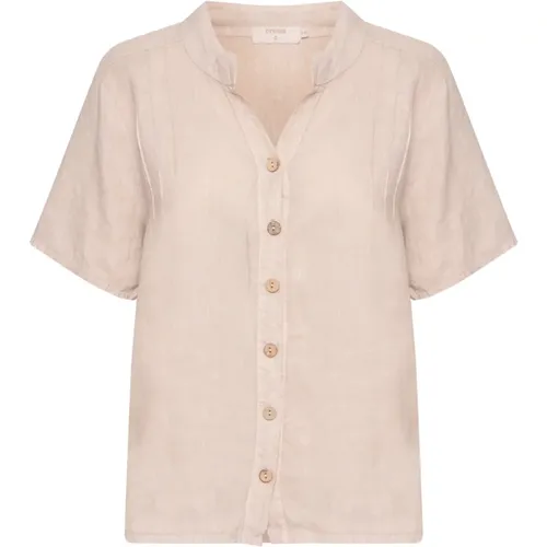 Sand Linen Shirt with V-Neck , female, Sizes: S/M - Cream - Modalova