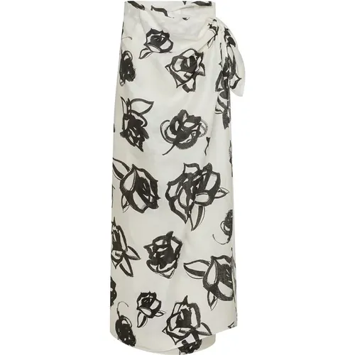 White Linen Wrap Skirt with Rose Print , female, Sizes: S - Msgm - Modalova
