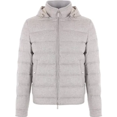 Light Grey Silk and Cashmere Coat with Removable Hood , male, Sizes: L - Eleventy - Modalova