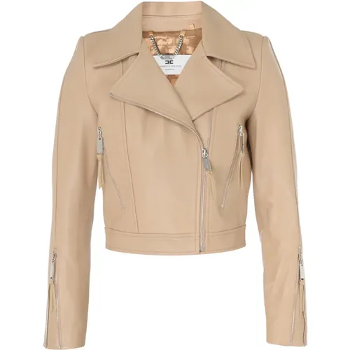 Camel Leather Jacket , female, Sizes: XL - Elisabetta Franchi - Modalova