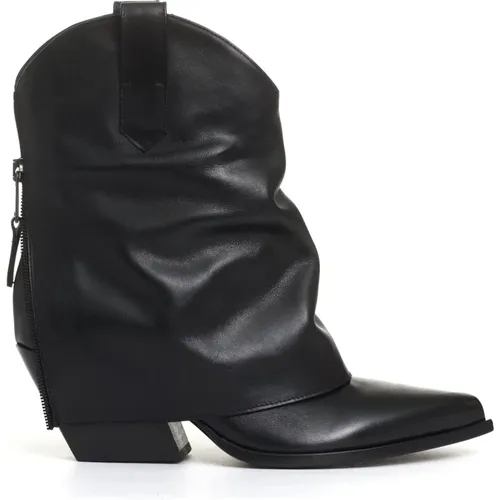 Schwarze Leder-Stiefeletten gefaltet , Damen, Größe: 37 1/2 EU - Elena Iachi - Modalova