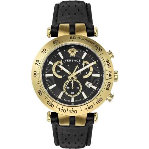 Bold Chrono Leather Watch Black/Gold , male, Sizes: ONE SIZE - Versace - Modalova
