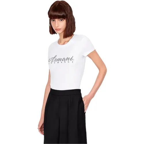 Weißes Bedrucktes Baumwoll-T-Shirt , Damen, Größe: M - Armani Exchange - Modalova