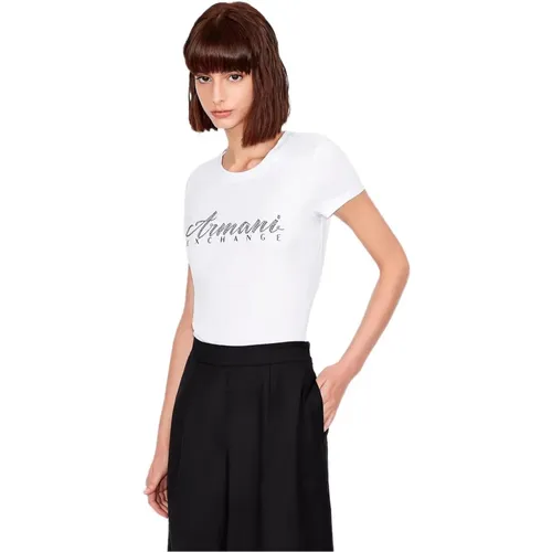 Weißes Bedrucktes Baumwoll-T-Shirt , Damen, Größe: S - Armani Exchange - Modalova
