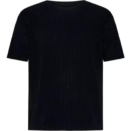 Schwarzes Plissiertes T-Shirt Rundhals , Herren, Größe: M - Issey Miyake - Modalova