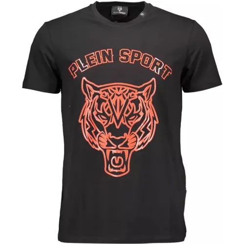 Schwarzes Baumwoll-T-Shirt, Kurzarm, Rundhals, Druck , Herren, Größe: M - Plein Sport - Modalova