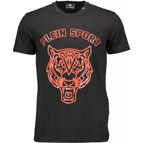 Schwarzes Baumwoll-T-Shirt, Kurzarm, Rundhals, Druck , Herren, Größe: S - Plein Sport - Modalova